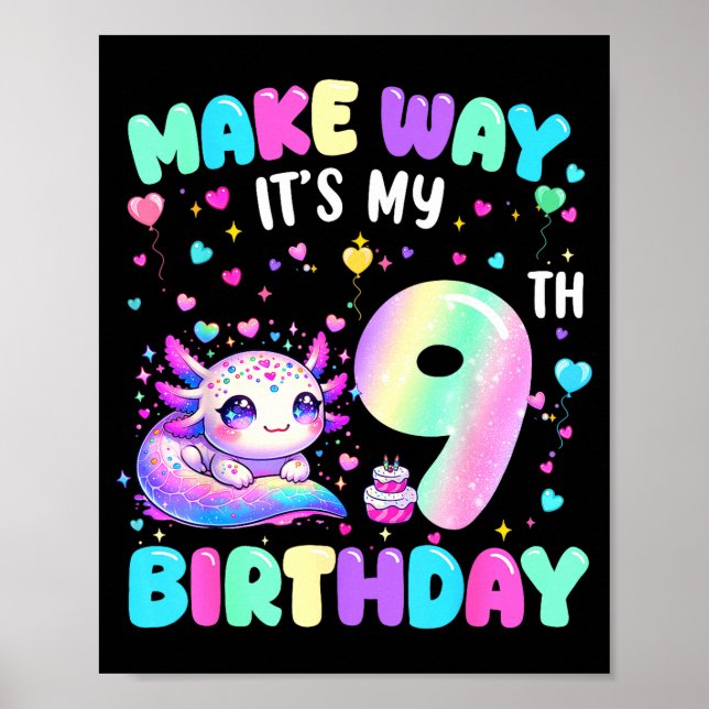 Póster It's My 9th Birthday Girl Cute Axolotl 9 Year Old  (Frente)