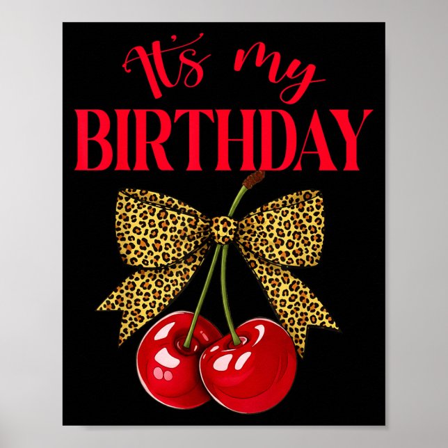 Póster It's My Birthday Cute Cherry Leopard Coquette Bow  (Frente)