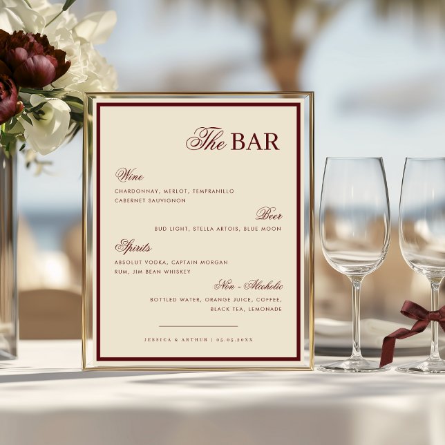Póster Ivory & Burgundy The Wedding Bar Drink Menu Sign (Subido por el creador)