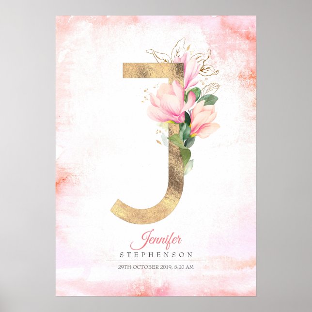 Póster J Letra Monograma Oro Salta Magnolia Rosa Floral (Frente)