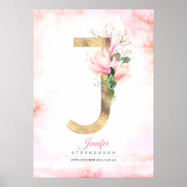 Póster J Letra Monograma Oro Salta Magnolia Rosa Floral