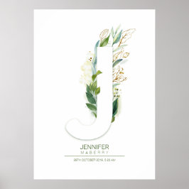 Póster J Letter Monogram Gold Greenery Foliage Chic