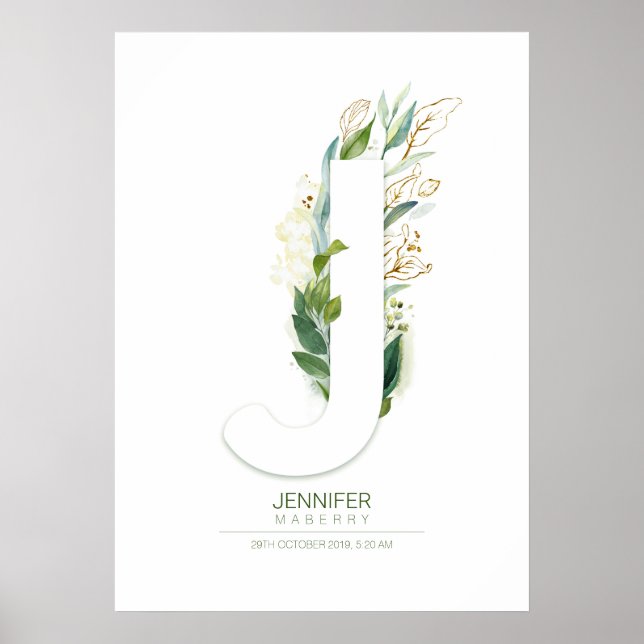 Póster J Letter Monogram Gold Greenery Foliage Chic (Frente)