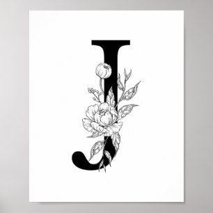 Póster J monograma botánico. Letra inicial con peonías