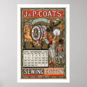 Póster J P Coats Costería Costera de algodón Anuncio de c