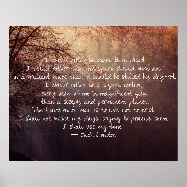 Póster Jack London Cita acerca de vivir la vida. (Frente)