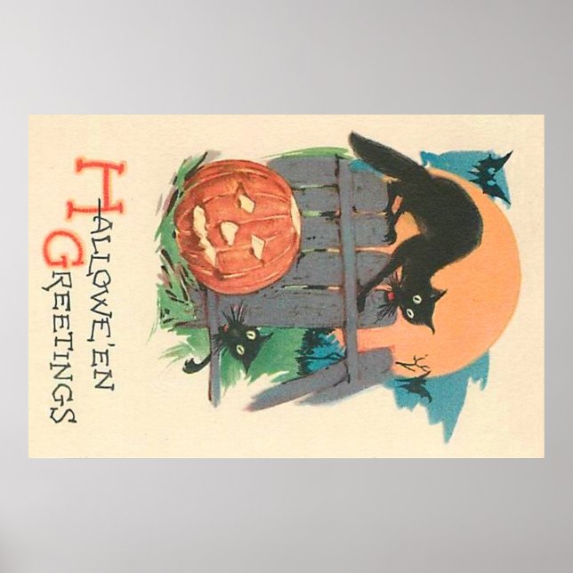 Póster Jack O' Lantern Black Cat Bat Full Moon (Frente)