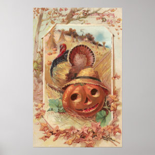 Póster Jack O'Lantern y acción de gracias del vintage de