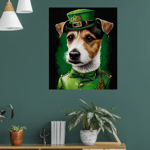 Póster Jack Russell Dog con vestido de San Patricio