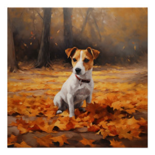 Póster Jack Russell entre hojas de otoño que caen Inspira