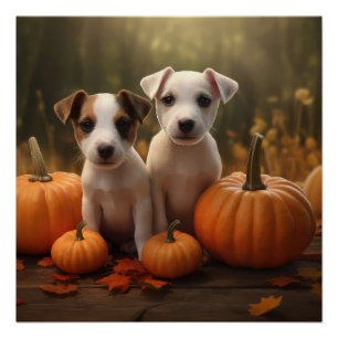 Póster Jack Russell Puppy Autumn Delight Pumpkin