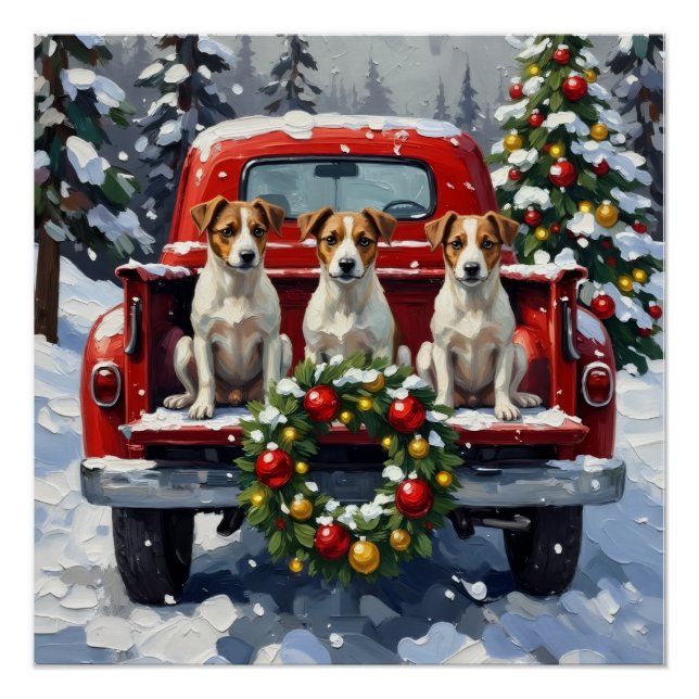 Póster Jack Russell Terrier Christmas Red Truck Holiday (Anverso)