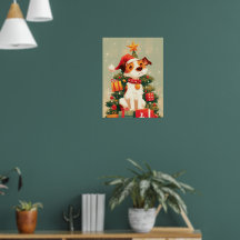 Jack Russell Terrier con árbol de Navidad y regalo