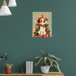 Póster Jack Russell Terrier con árbol de Navidad y regalo