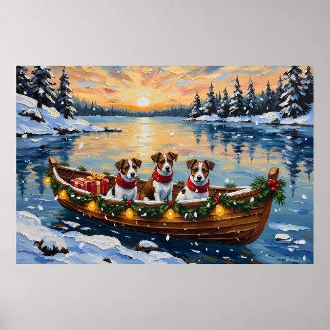 Póster Jack Russell Terrier Navidad Barco Fiesta (Frente)