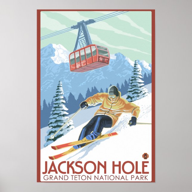 Póster Jackson Hole, esquiador Wyoming y tranvía (Frente)