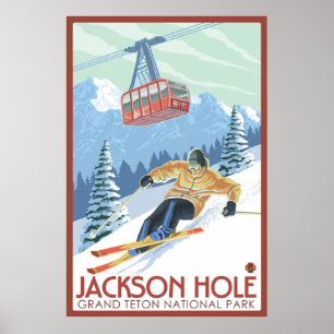 Póster Jackson Hole, Wyoming - Esquiador y tranvía