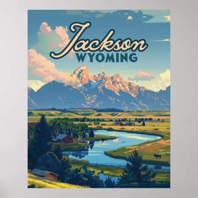 Póster Jackson Hole Wyoming Ranch Tetons Retro (Frente)