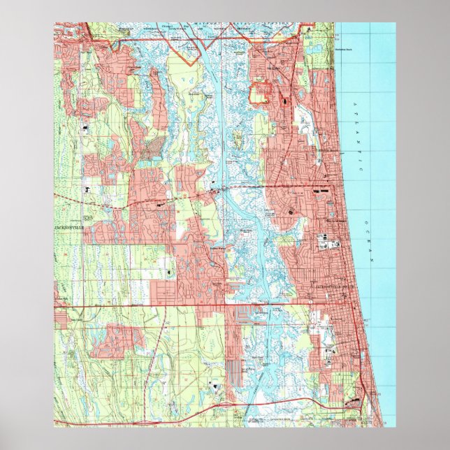 Póster Jacksonville Beach and Atlantic Beach Map (Frente)