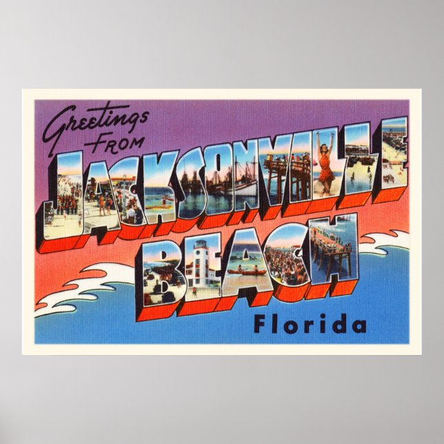 Póster Jacksonville Beach Florida FL Old Travel Souvenir (Frente)