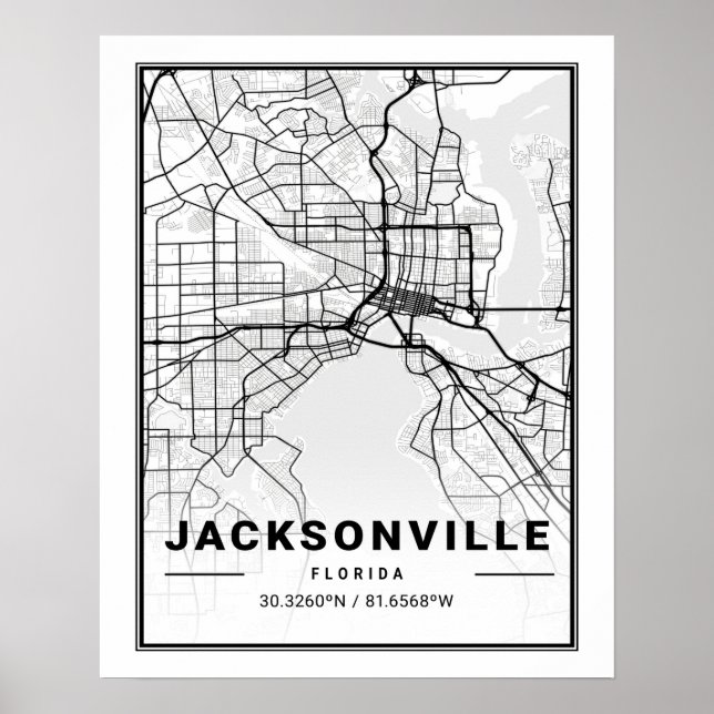 Póster Jacksonville Florida USA Travel City Map (Frente)