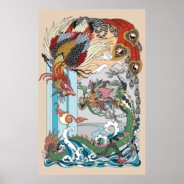 Póster Jade Dragon and Gold Phoenix playing with a pearl  (Frente)