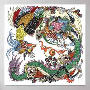 Póster Jade Dragon y Gold Phoenix jugando con una perla