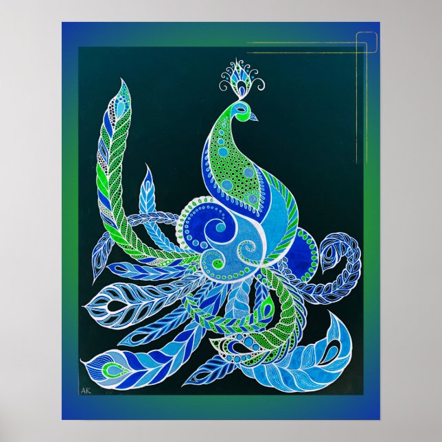 Póster Jade Majesty Elegant pavo real verde y azul (Frente)