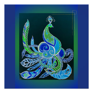 Póster Jade Majesty Elegant pavo real verde y azul