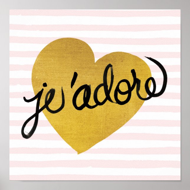 Póster J'adore Quote | Corazón negro y dorado (Frente)