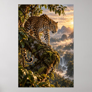 Póster Jaguar en árbol musgoso en la selva tropical vida