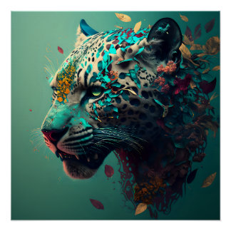 Póster Jaguar floral verde azulado y dorado