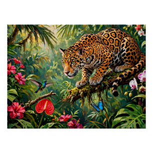 Póster Jaguar Selva Colibríes Mariposas Flores