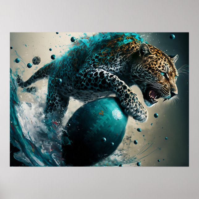 Póster Jaguar verde azulado y fútbol (Frente)