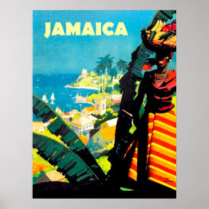Póster Jamaica, mujer jamaicana con canasta de frutas en
