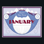 Póster January Art Deco Winter Scene with Snowy Mountains<br><div class="desc">Adapted from our popular Art Deco calendar,  these images depict each month of the year as if it were a vintage soap label. January conveys wintertime cold along with mountains and snow.</div>