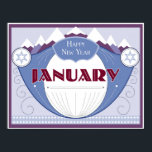Póster January Art Deco Winter Scene with Snowy Mountains<br><div class="desc">Adapted from our popular Art Deco calendar, these images depict each month of the year as if it were a vintage soap label. January conveys wintertime cold along with mountains and snow.</div>