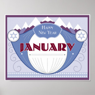 Póster January Art Deco Winter Scene with Snowy Mountains