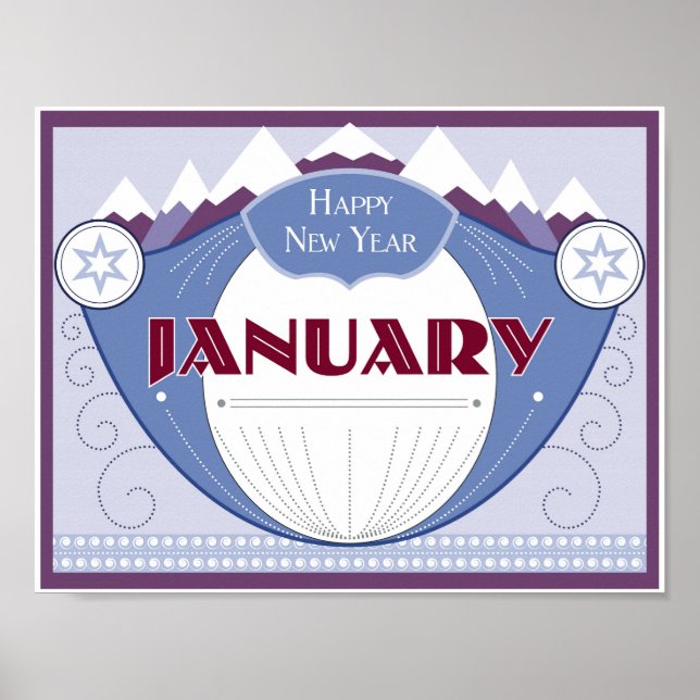 Póster January Art Deco Winter Scene with Snowy Mountains (Frente)