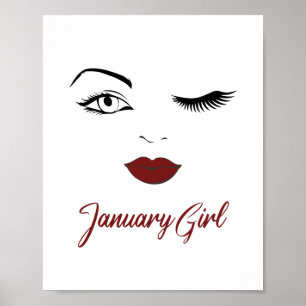 Póster January Girl Eyes Cute Red Lips Wink Birthday