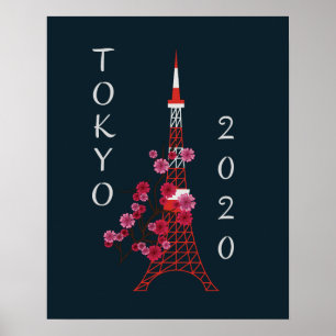 Póster Japan Tokyo 2020 Sakura & Tower