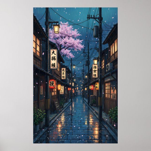 Póster Japanese Alley Rain Night Cozy Anime Blossom urban (Frente)
