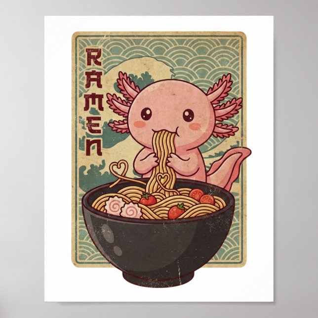 Póster Japanese Anime Axolotls Ramen Black Axolotl Eating (Frente)