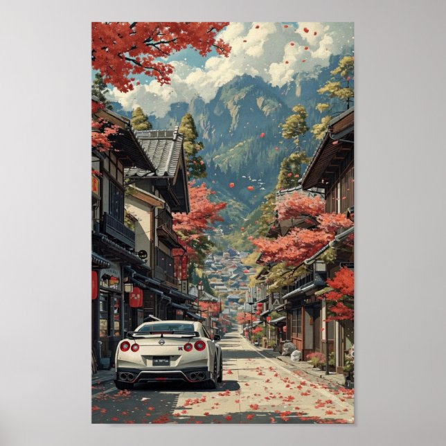 Póster Japanese Autumn Street with Sports Car Poster (Frente)