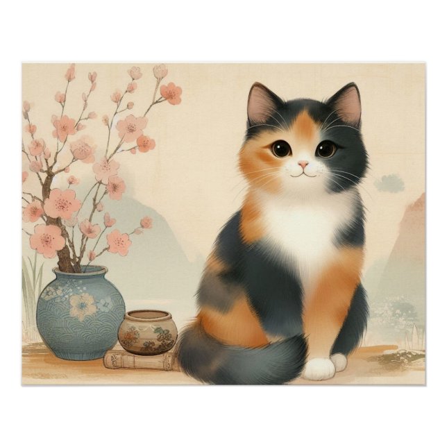 Póster Japanese calico cat and flower (Anverso)
