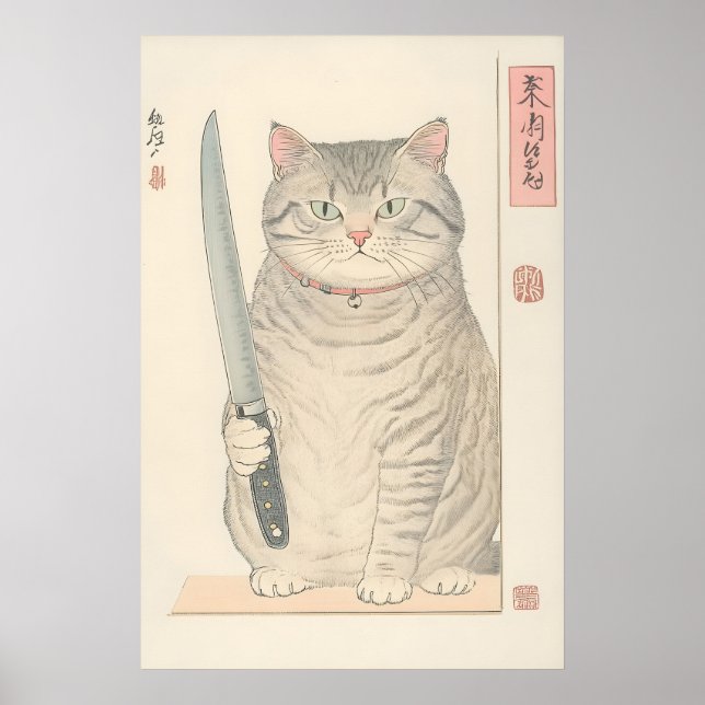 Póster Japanese Cat Print Funny Tabby Cat with Knife (Frente)