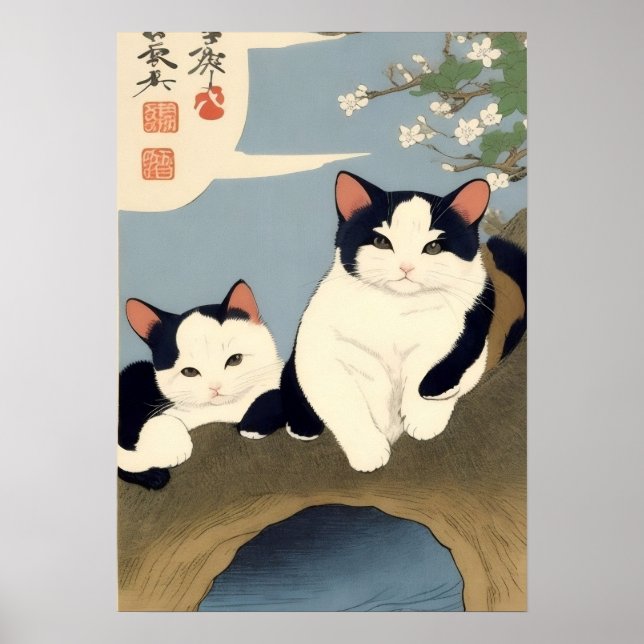 Póster Japanese Cats Blossom Tree Wall Art (Frente)