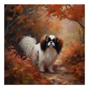 Póster Japanese Chin en hojas de otoño caen Inspiran