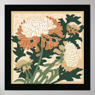 Póster Japanese chrysanthemum print   green & orange