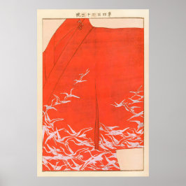 Póster Japanese Crane Kimono Art Print Vermilion Red Wall